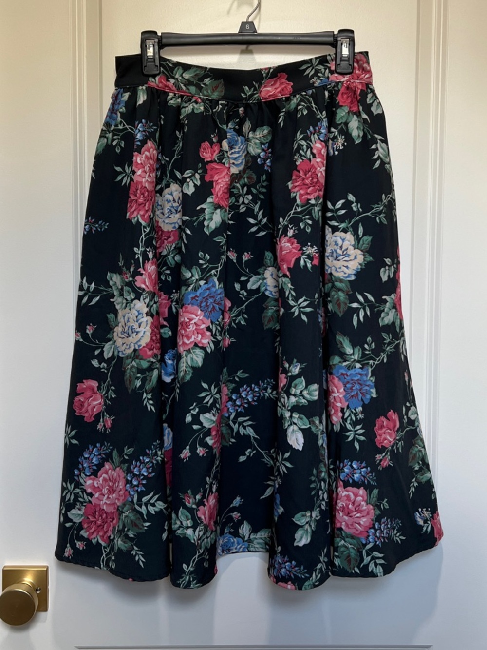 Vixen by Micheline Pitt Floral A-Line Midi Skirt in Black with Rose Print